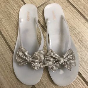 White Flip Flops with Crystal Bow